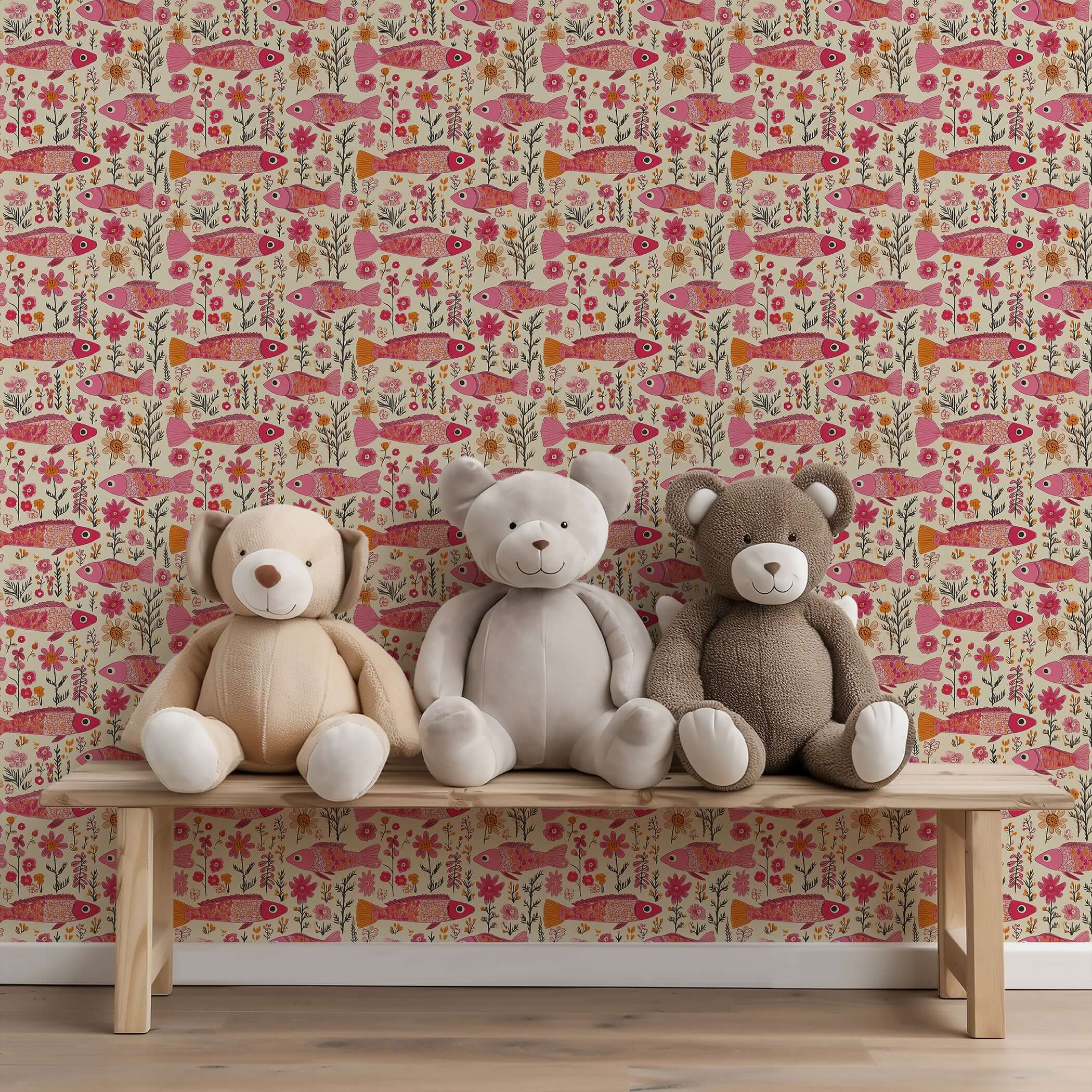 Floral Fins wallpaper with pink fish and florals in fuchsia and coral hues, creating a whimsical coastal vibe for nurseries or playrooms.