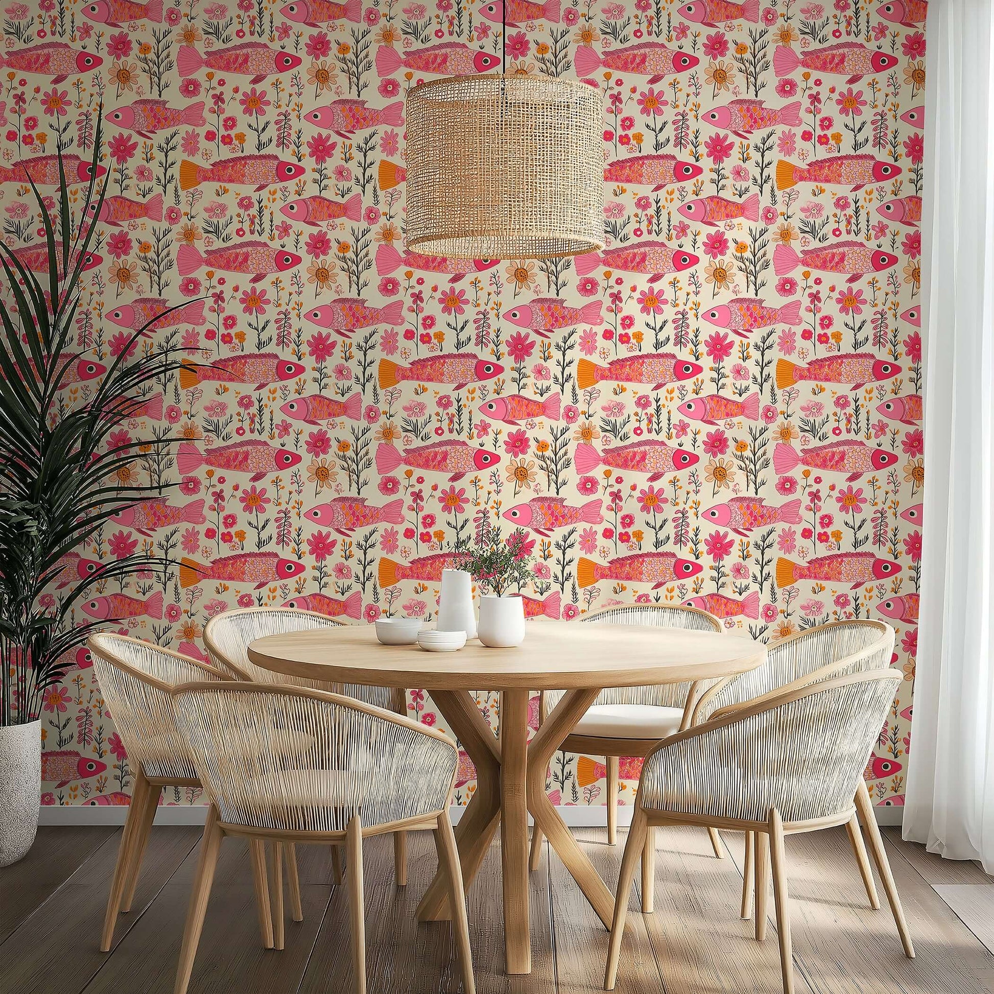 Floral Fins wallpaper featuring whimsical pink fish and vibrant garden florals, perfect coastal wallpaper for a cheerful, eclectic room.