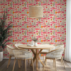 Floral Fins wallpaper featuring whimsical pink fish and vibrant garden florals, perfect coastal wallpaper for a cheerful, eclectic room.