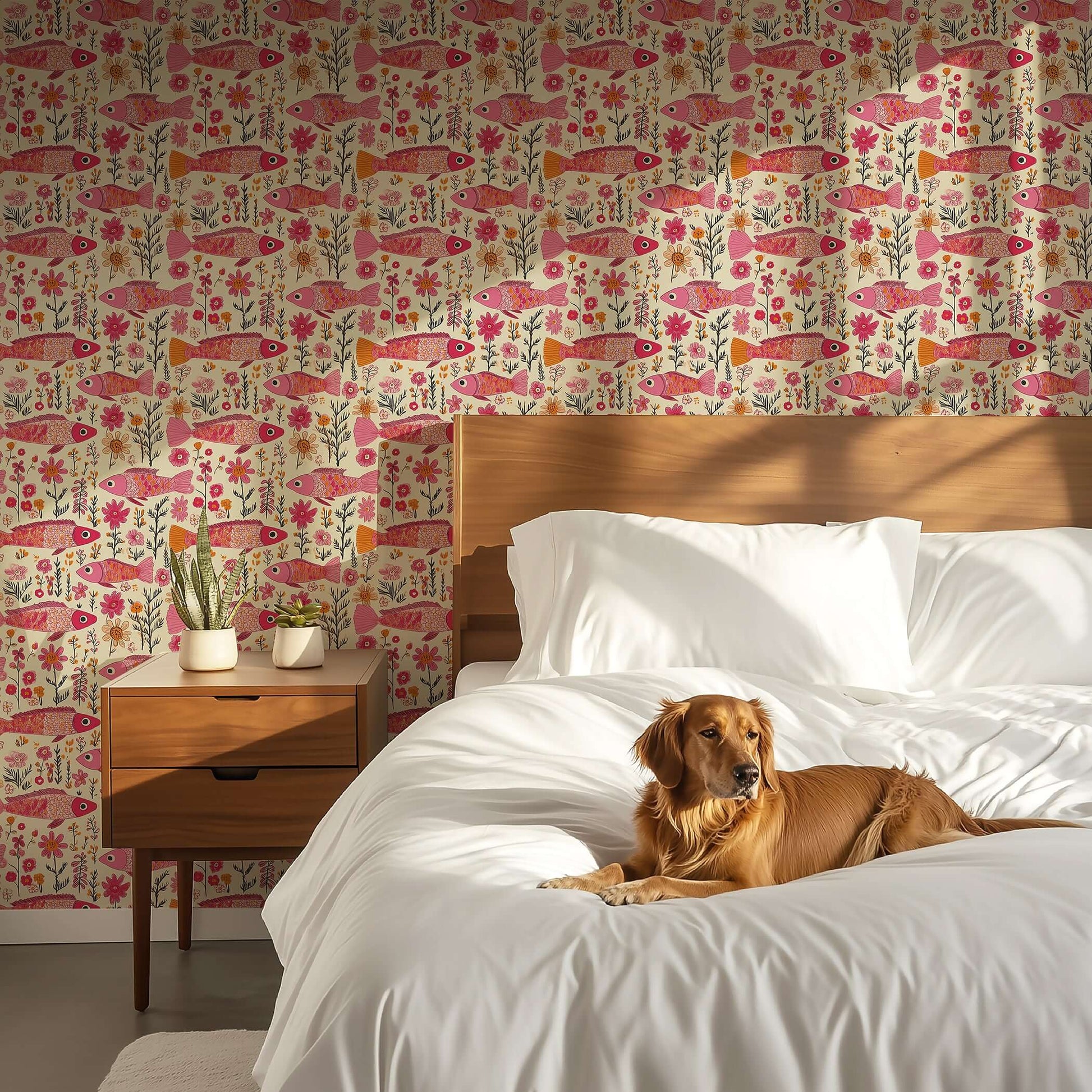 Vibrant Floral Fins coastal wallpaper featuring pink fish and florals, adding charm to a bedroom with a dog lounging on the bed.