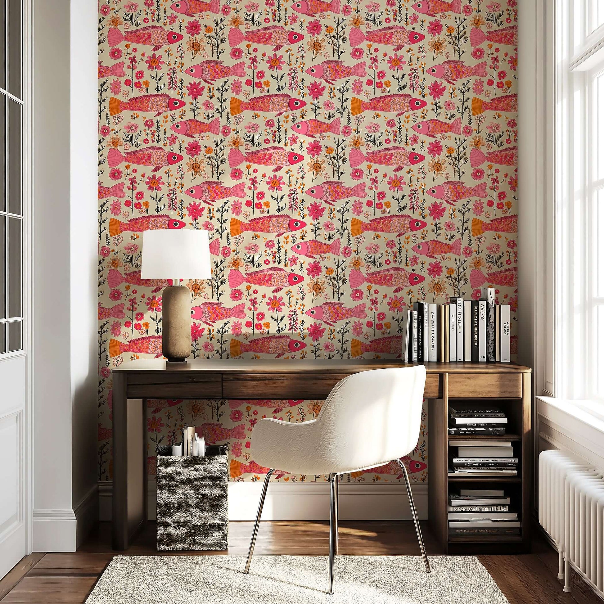 Floral Fins Wallpaper with pink fish and vibrant garden florals in fuchsia, coral, and orange; ideal coastal-themed room decor.