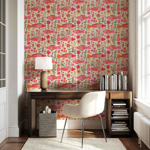 Floral Fins Wallpaper with pink fish and vibrant garden florals in fuchsia, coral, and orange; ideal coastal-themed room decor.