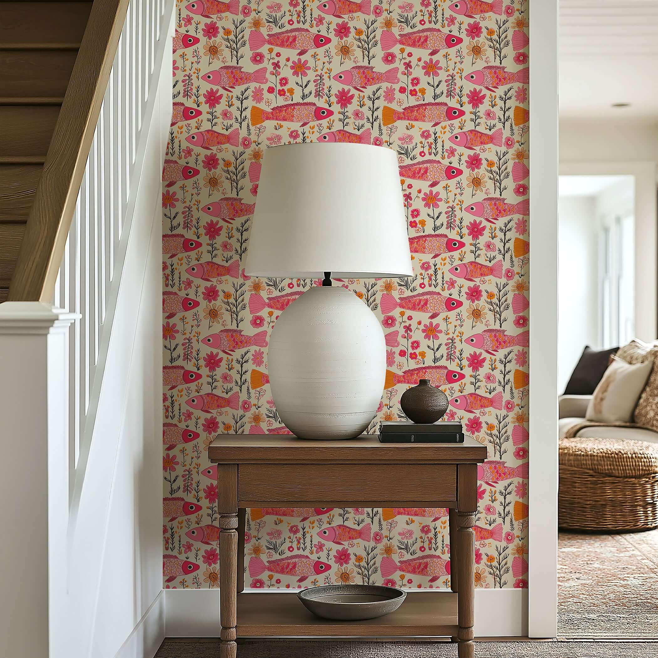Floral Fins Wallpaper: Whimsical pink fish and vibrant garden florals in fuchsia and coral, adding coastal charm to any space.