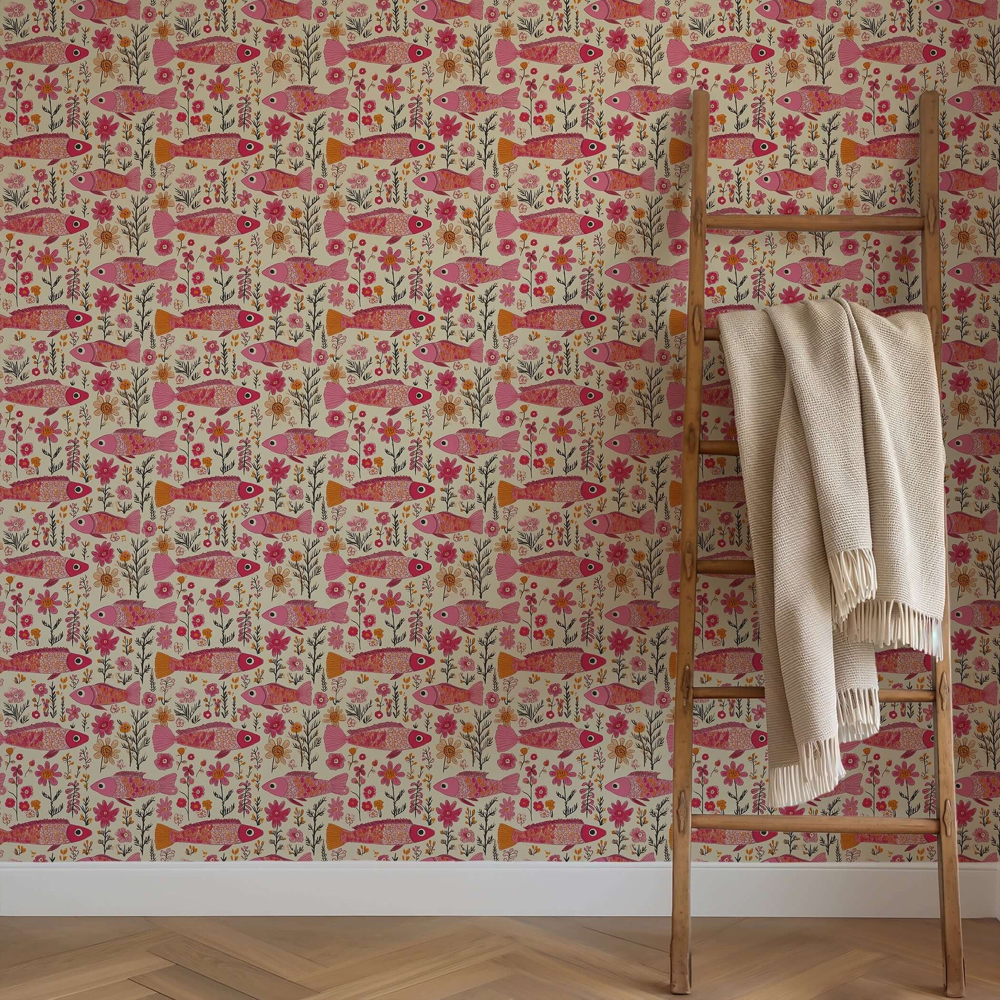 Floral Fins wallpaper with pink fish and vibrant flora, creating a coastal charm in fuchsia and coral hues. Ideal for colorful decor.