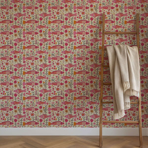 Floral Fins wallpaper with pink fish and vibrant flora, creating a coastal charm in fuchsia and coral hues. Ideal for colorful decor.