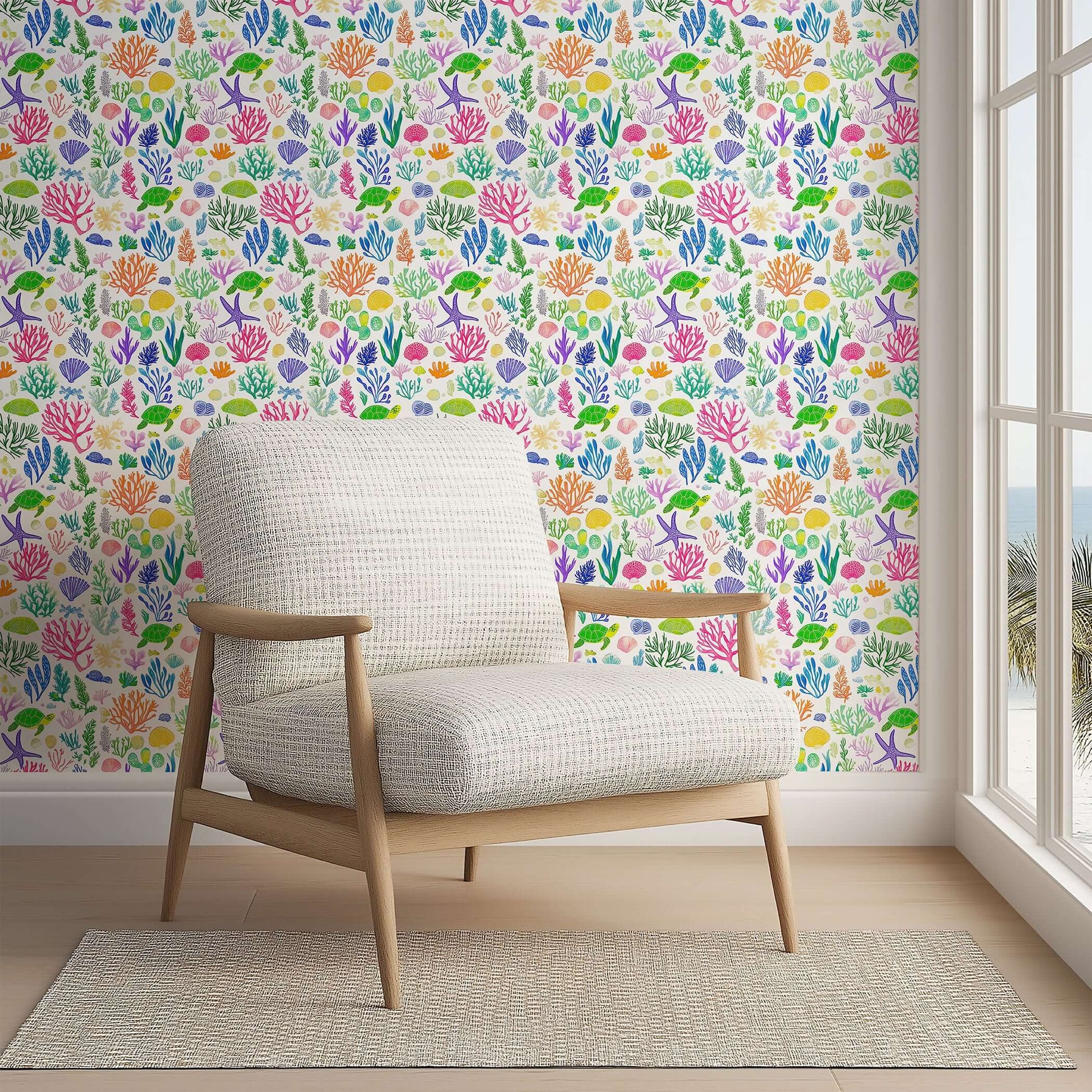 Vibrant Ocean Safari wallpaper featuring colorful fish, seaweed, and ocean life, perfect for children’s nurseries and playrooms.