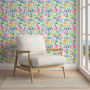 Vibrant Ocean Safari wallpaper featuring colorful fish, seaweed, and ocean life, perfect for children’s nurseries and playrooms.
