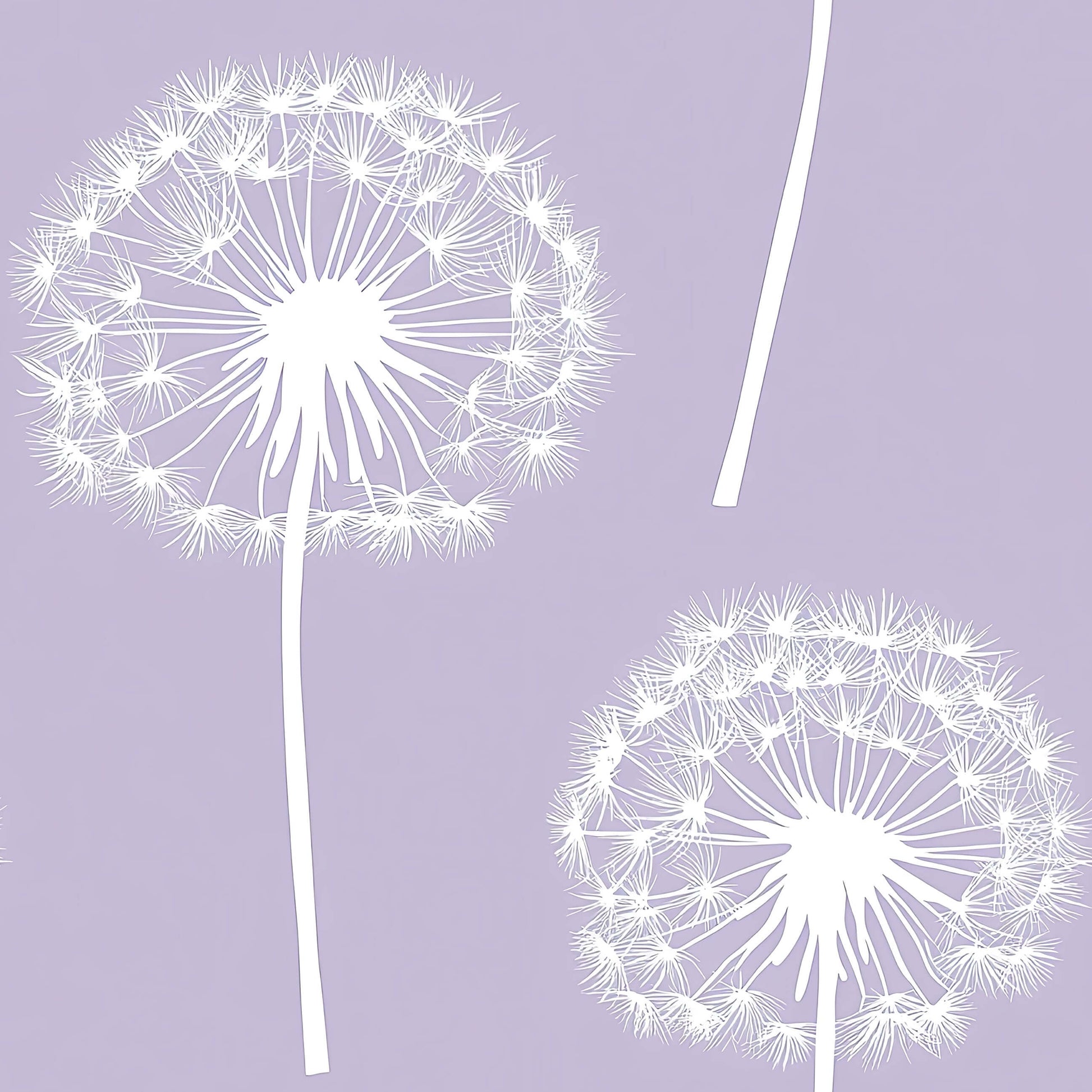 Luxe Dandelion wallpaper with white dandelions on lavender, perfect for baby nursery or playroom decor, modern and elegant design.