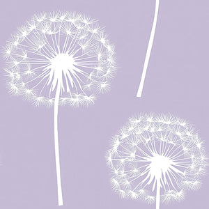 Luxe Dandelion wallpaper with white dandelions on lavender, perfect for baby nursery or playroom decor, modern and elegant design.