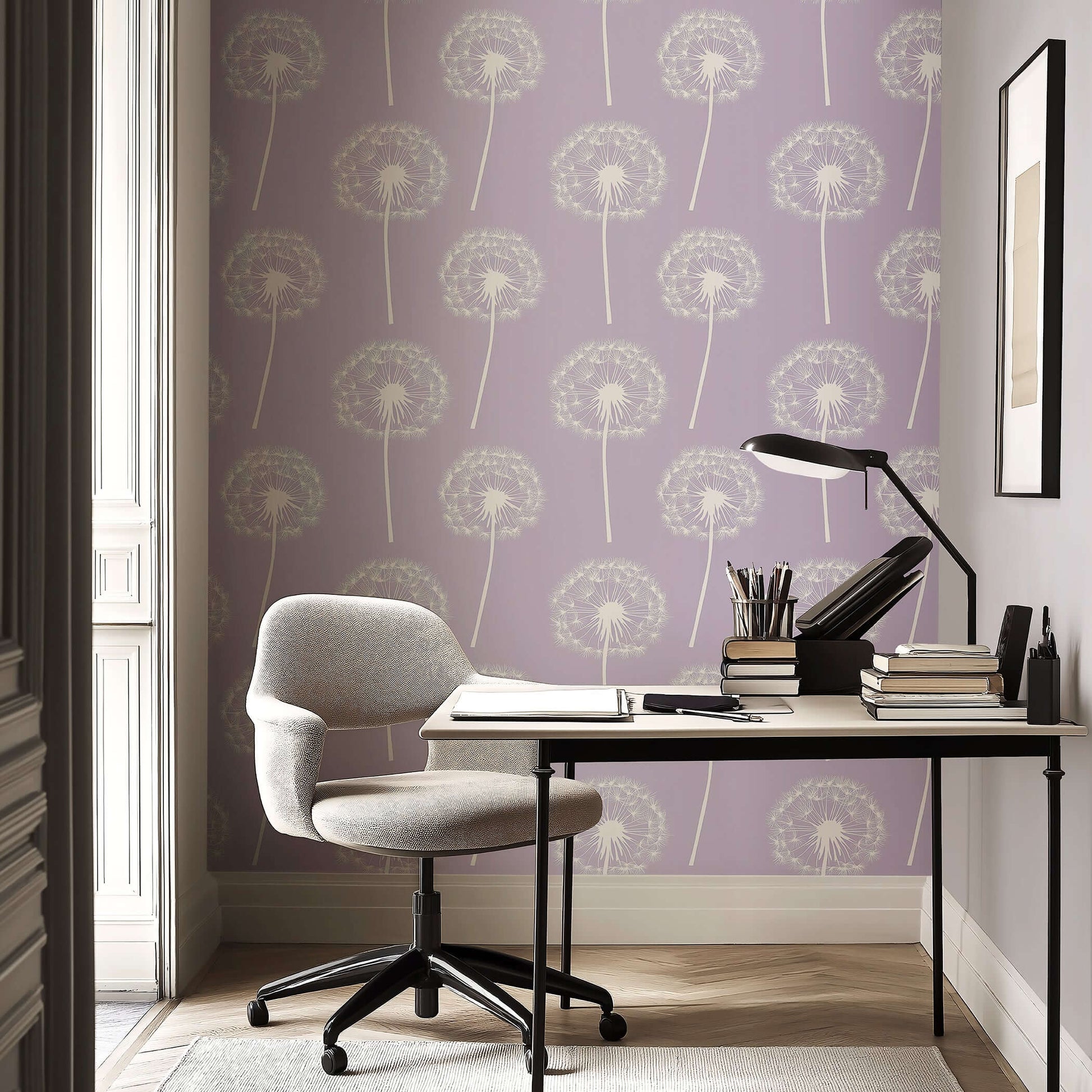 Modern office with Luxe Dandelion wallpaper featuring white dandelions on lavender, ideal for nurseries, playrooms, and children's spaces.