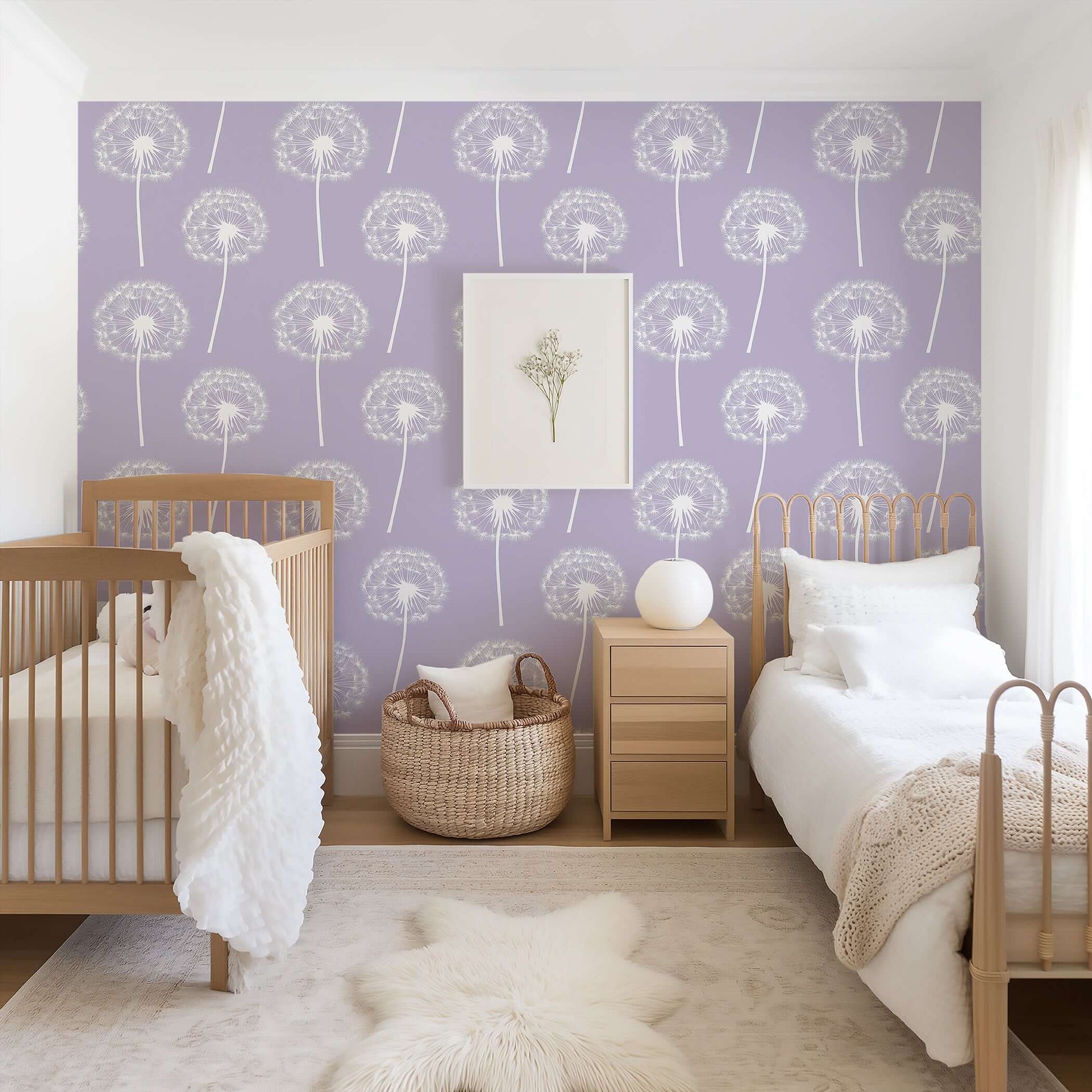 Luxe Dandelion Wallpaper featuring white dandelions on lavender, perfect for nurseries or playrooms with a modern, peaceful vibe.