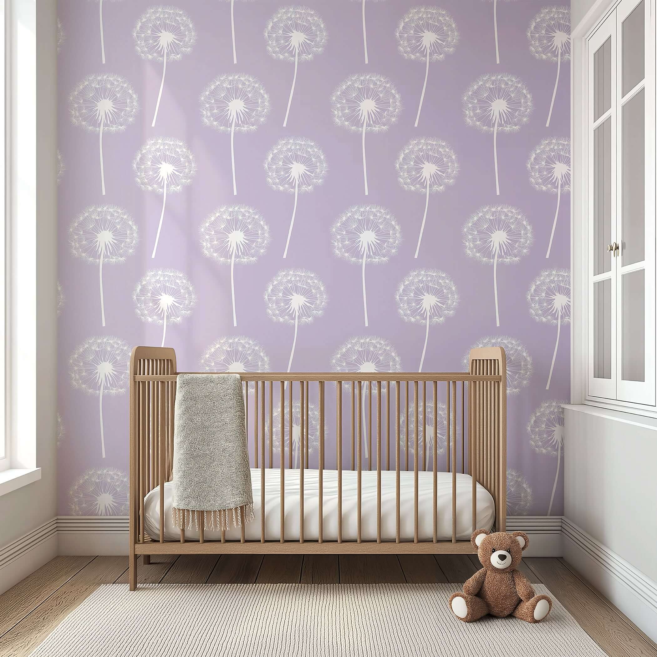 Luxe Dandelion Wallpaper with soft lavender background and white dandelions, perfect for baby nurseries and children's playrooms.