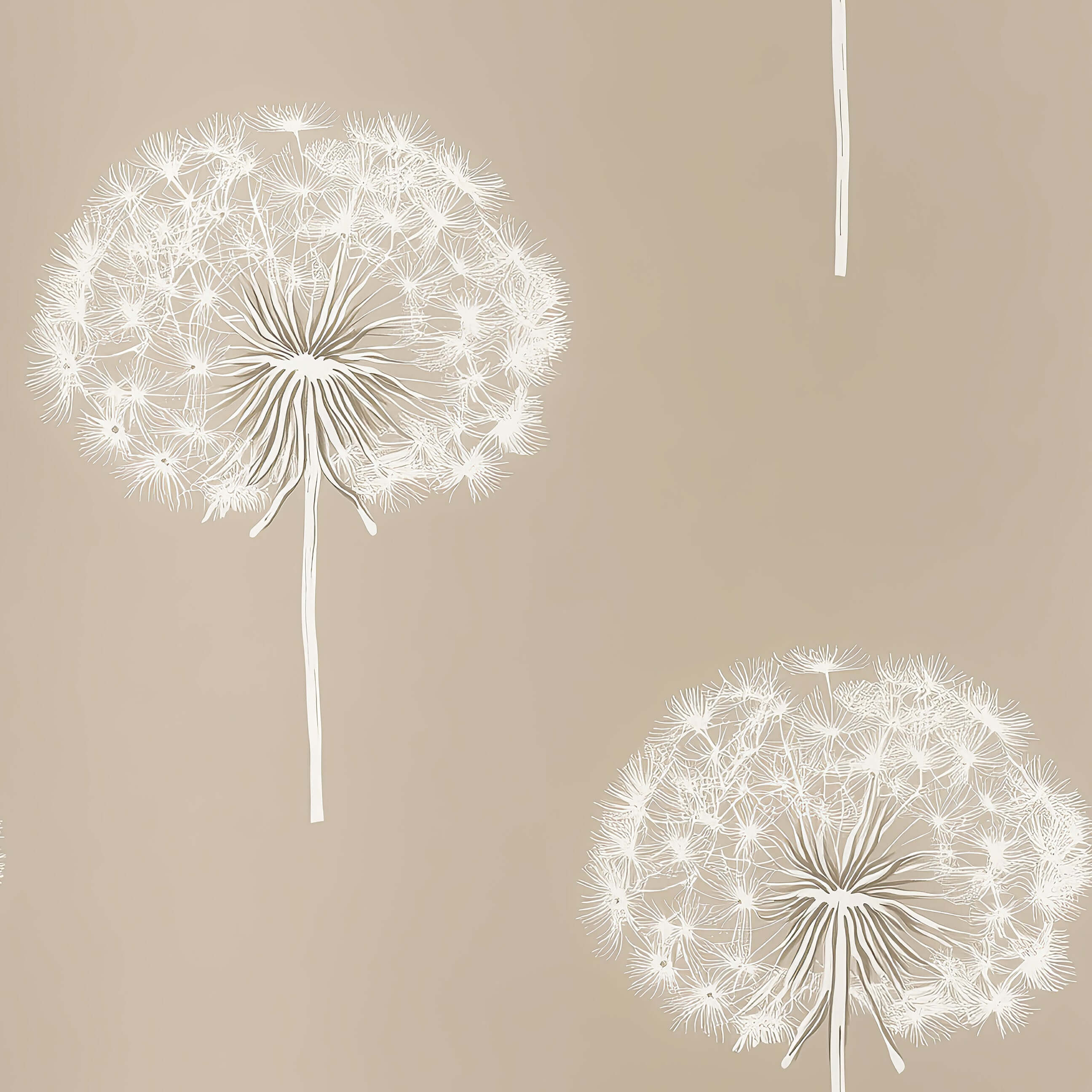 Taupe wallpaper with hand-drawn dandelions, perfect for baby nurseries, children's playrooms, and creating a tranquil, elegant atmosphere.