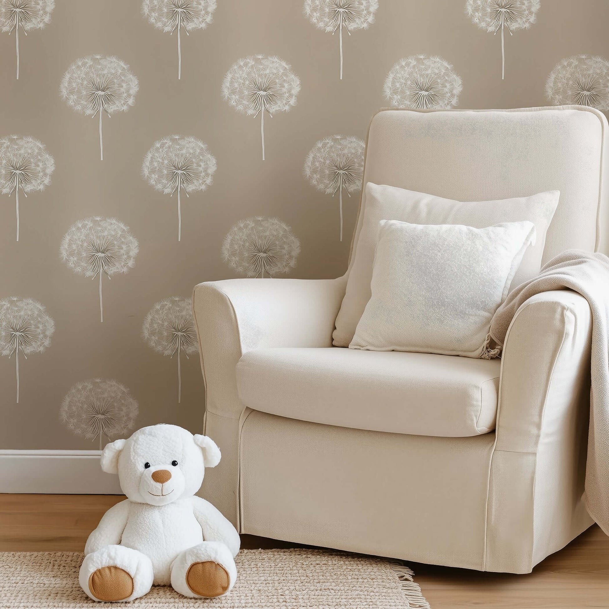 Soft taupe wallpaper with dandelions, perfect for baby nursery or playroom, creates a serene ambiance with its minimalist design.
