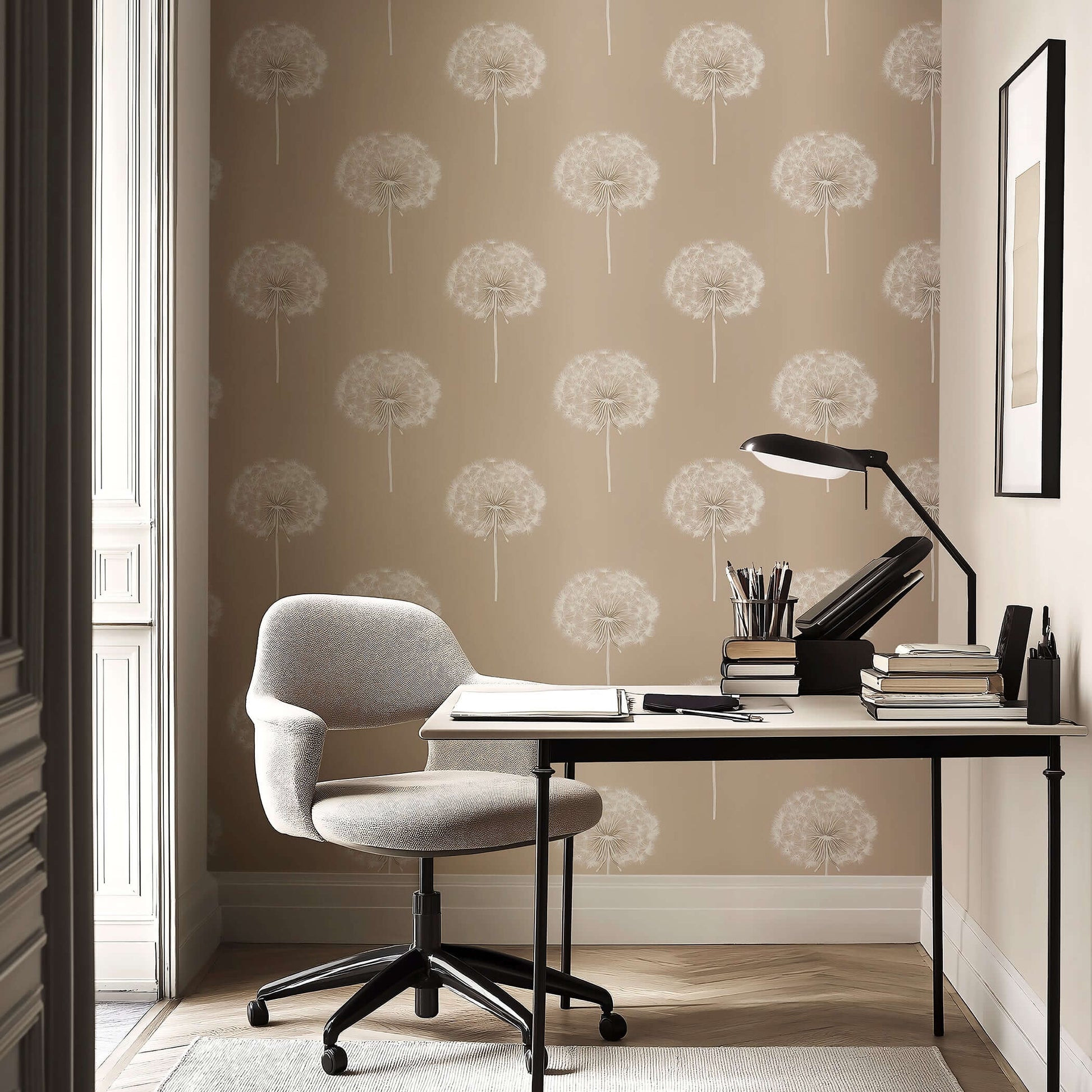 Taupe "Wish Upon a Breeze" dandelion wallpaper in a serene office space, ideal for nurseries, playrooms, and modern interiors.