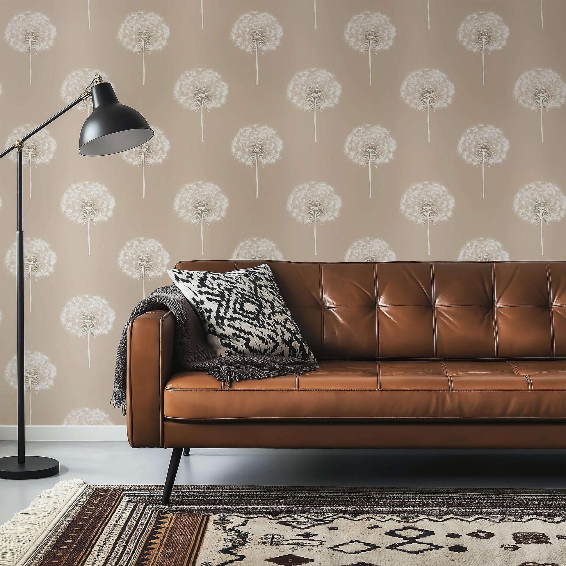 Taupe dandelion wallpaper in a cozy living room with leather sofa, perfect for babies, children, nursery, and playroom decor.