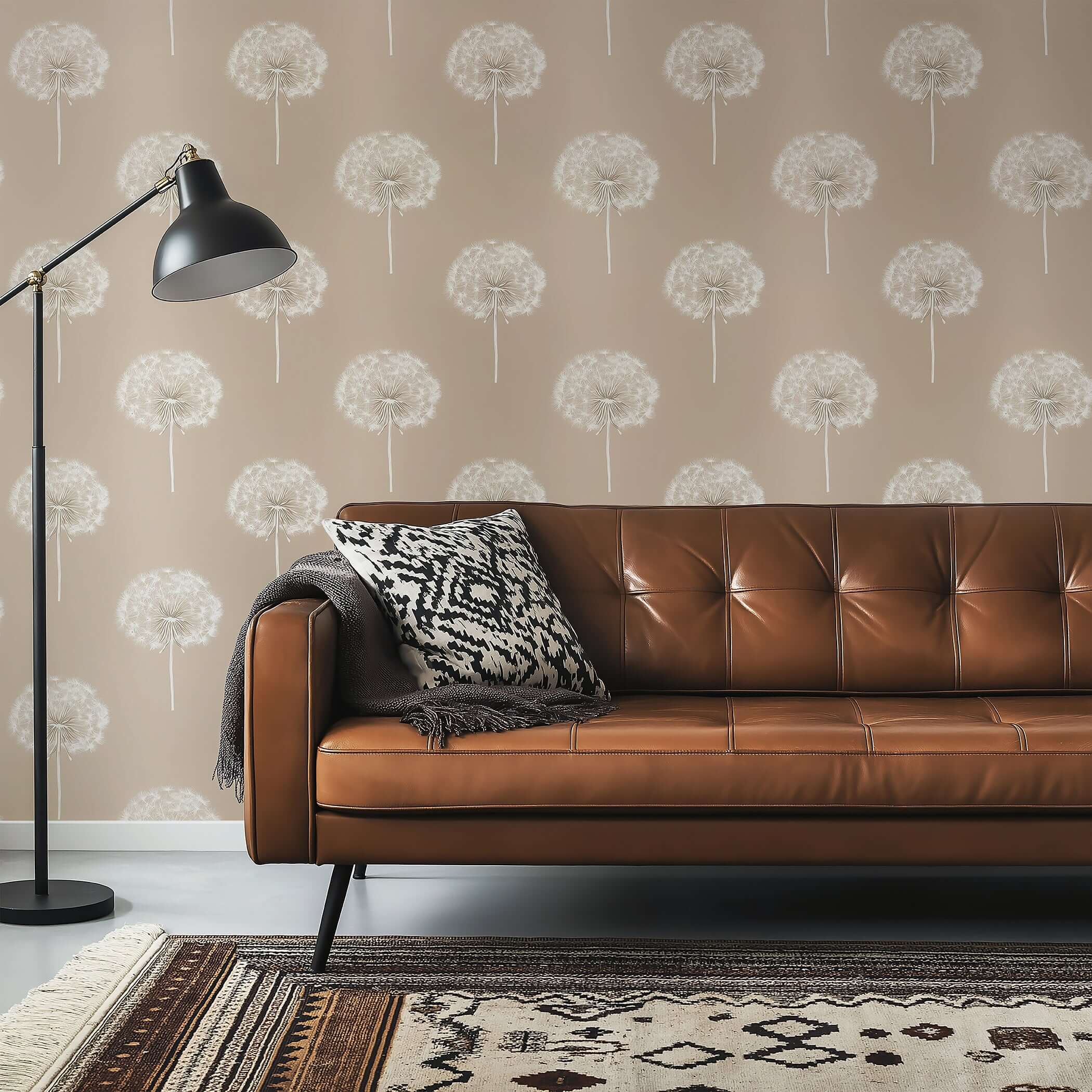 Taupe dandelion wallpaper in a cozy living room with leather sofa, perfect for babies, children, nursery, and playroom decor.