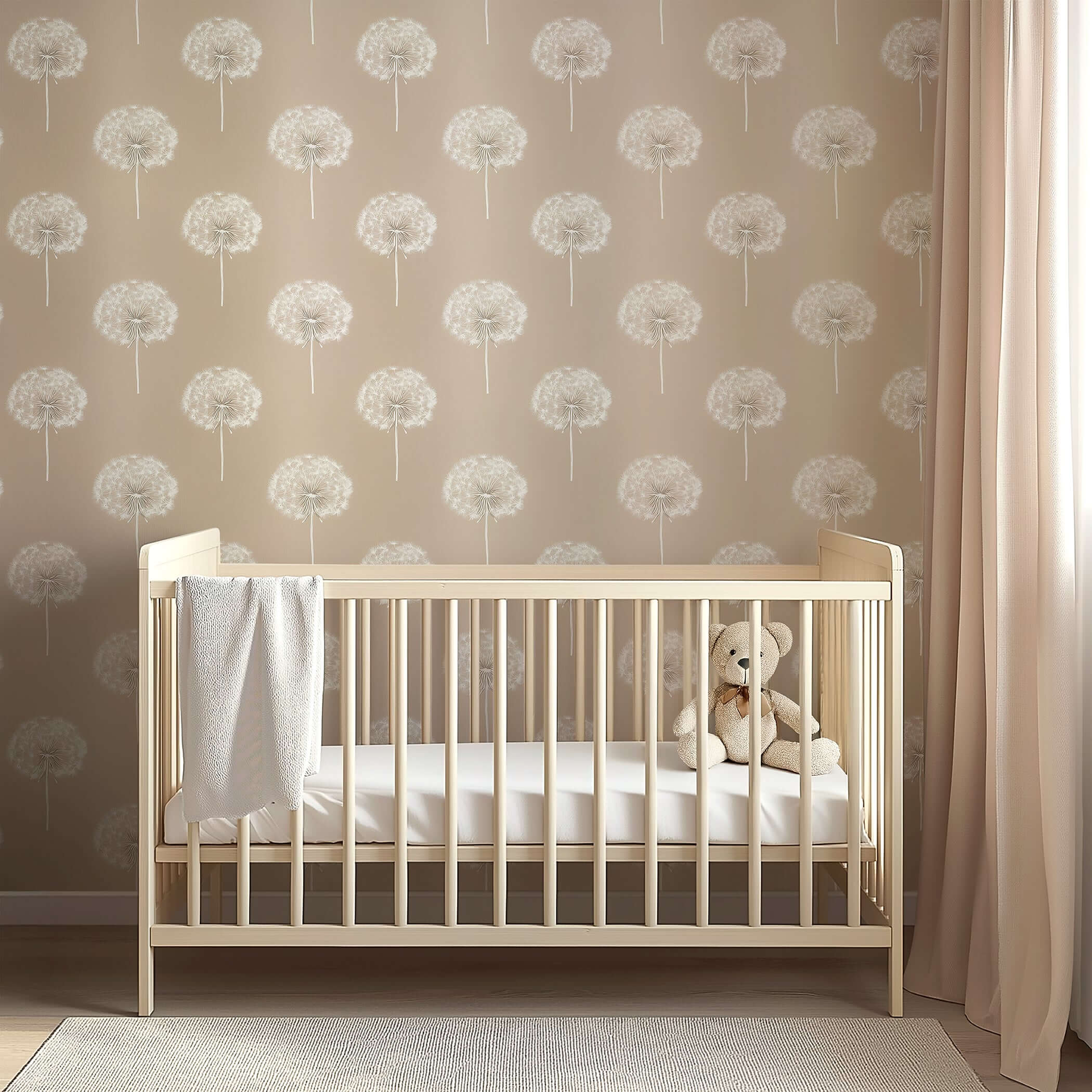 Nursery room with 'Wish Upon a Breeze' dandelion wallpaper, crib, and teddy bear; perfect for baby and children's spaces.