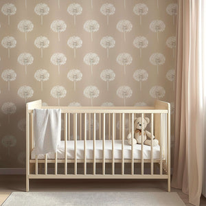 Nursery room with 'Wish Upon a Breeze' dandelion wallpaper, crib, and teddy bear; perfect for baby and children's spaces.