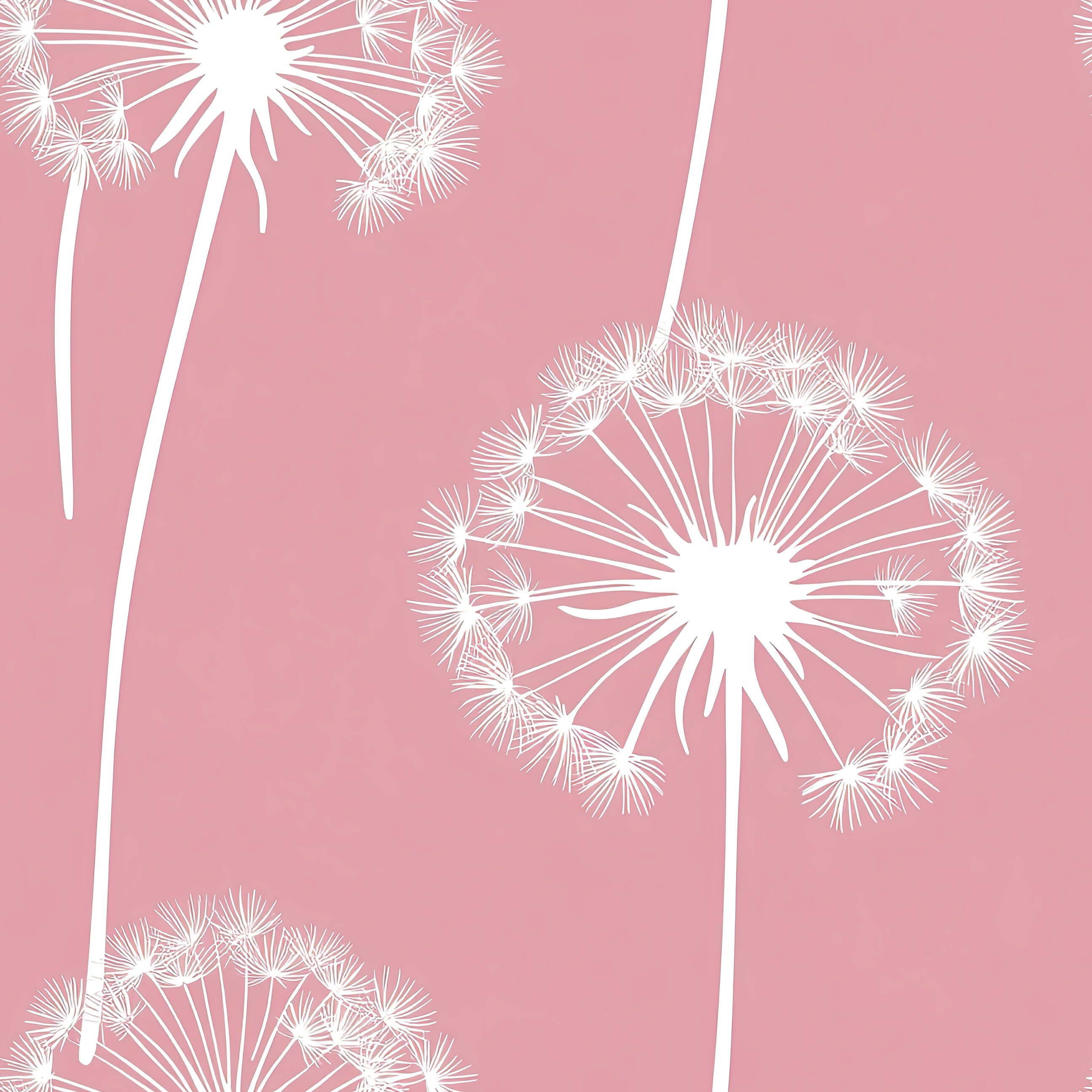 Pink wallpaper with white dandelion silhouettes, perfect for children’s nursery, baby room, or playroom decor. Whimsical and uplifting design.