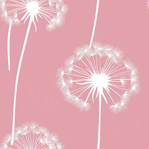 Pink wallpaper with white dandelion silhouettes, perfect for children’s nursery, baby room, or playroom decor. Whimsical and uplifting design.