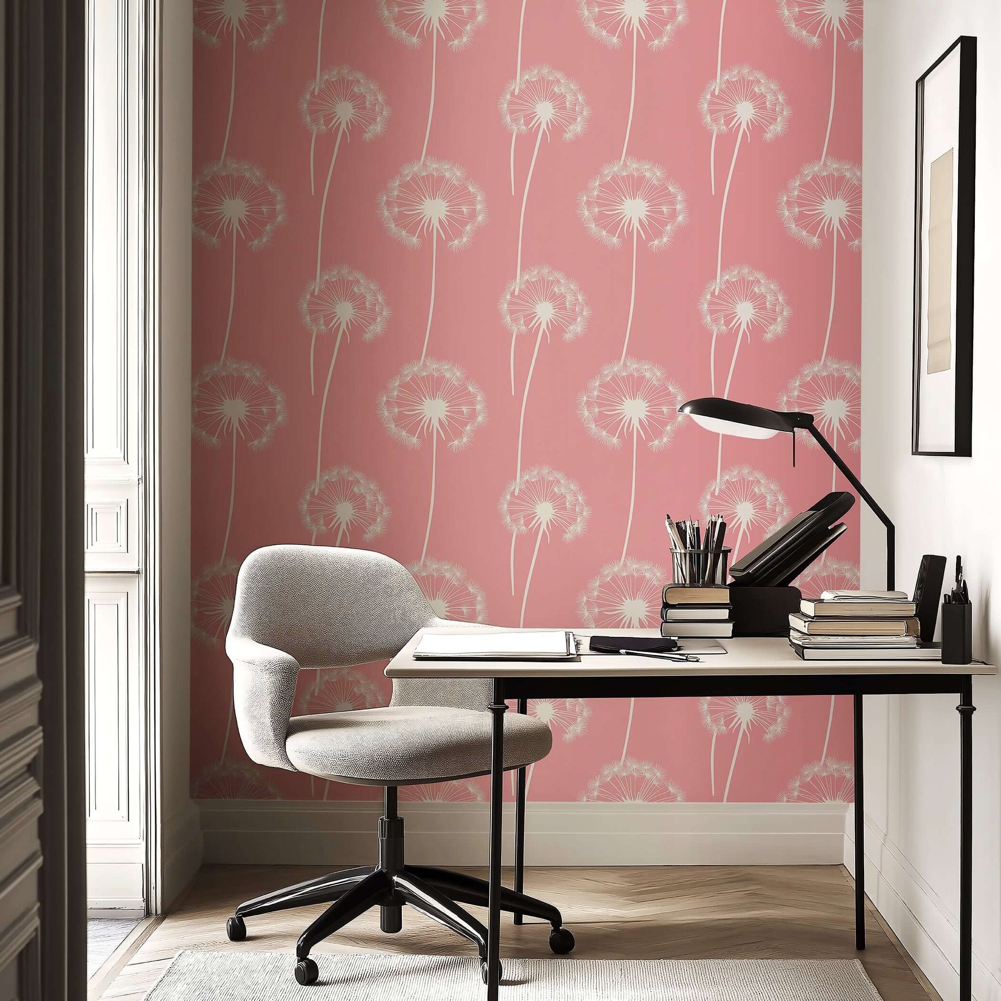 Floating Wishes pink wallpaper with white dandelion silhouettes, ideal for nurseries and playrooms, adding charm and lightness to spaces.
