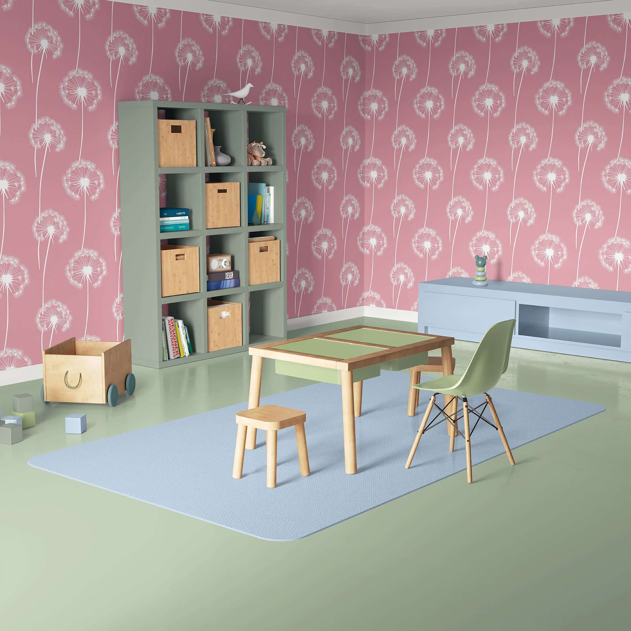 Children's playroom with pink dandelion wallpaper, green storage, and wooden furniture for a whimsical nursery or kids' area.