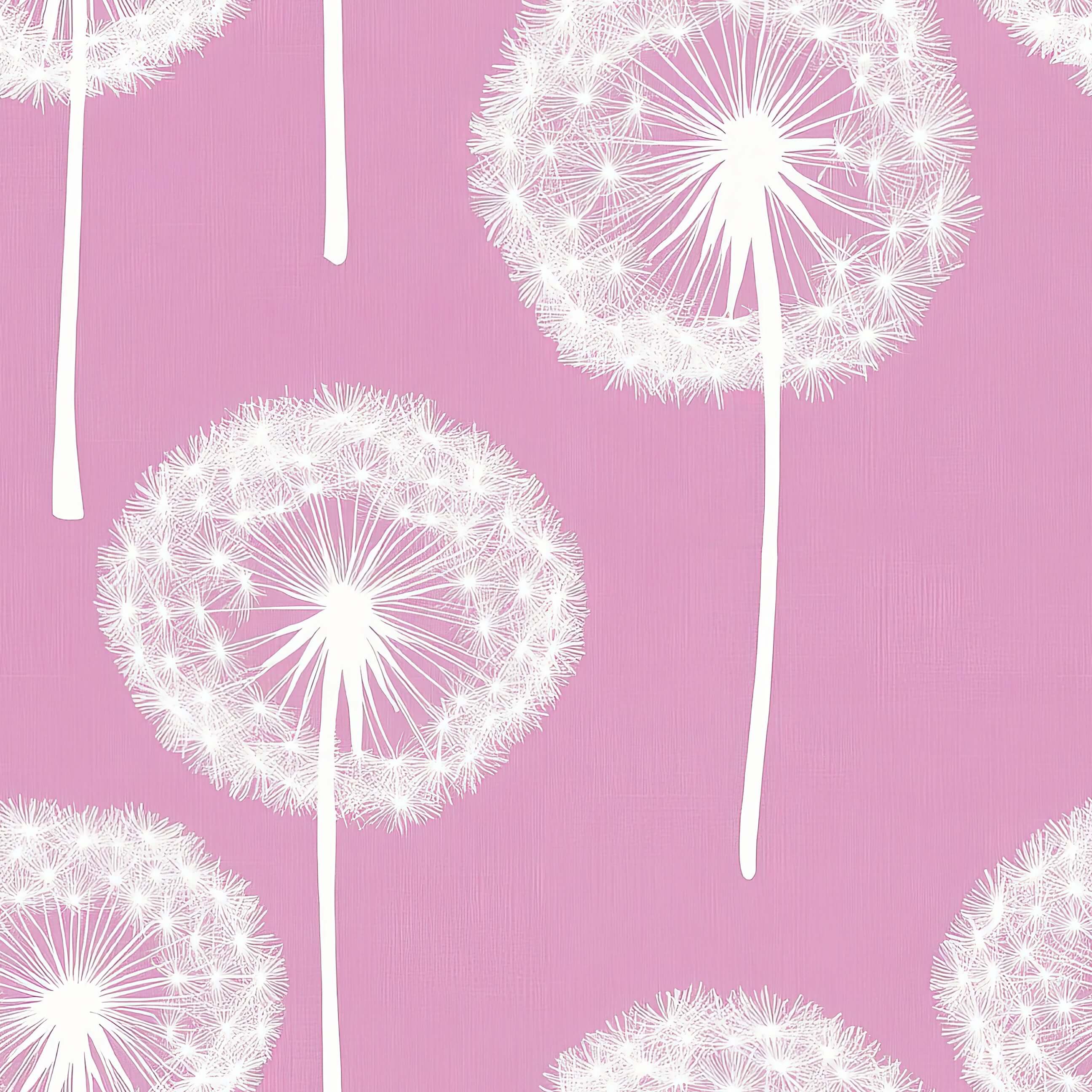Delicate white dandelions on a rose-pink background, perfect wallpaper for nurseries, children's rooms, and playrooms.