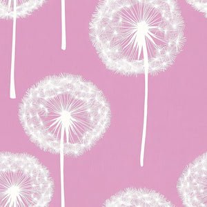 Delicate white dandelions on a rose-pink background, perfect wallpaper for nurseries, children's rooms, and playrooms.