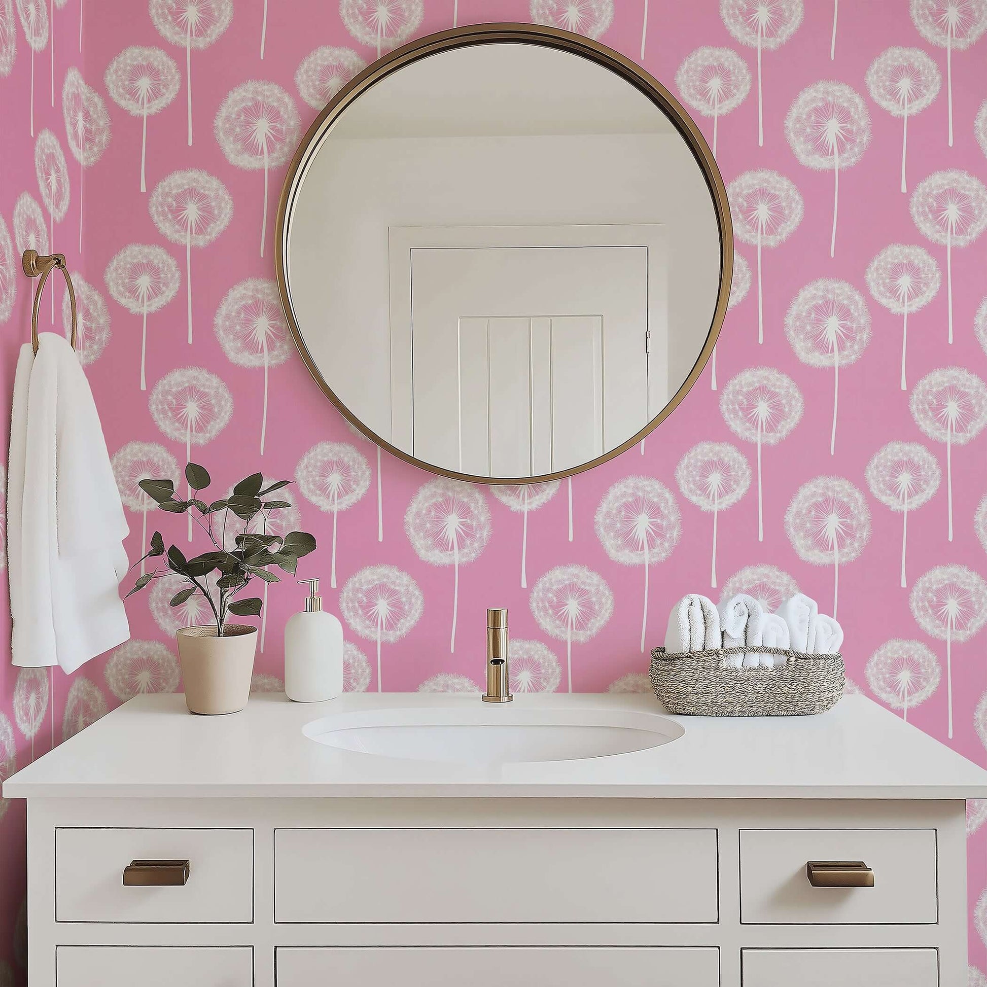 Pink Puff Paradise wallpaper with white dandelions, perfect for children’s nurseries, playrooms, and baby spaces.