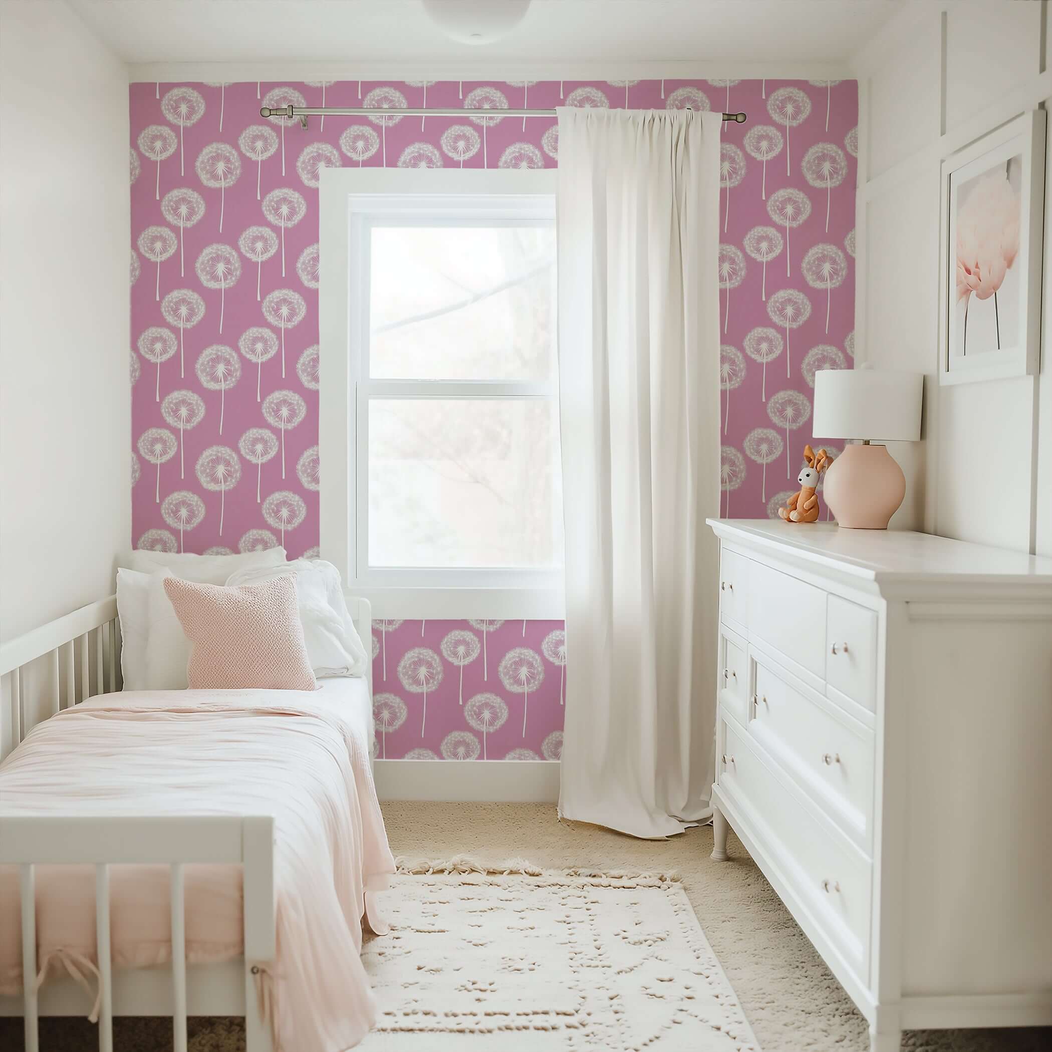 Children's bedroom with Pink Puff Paradise wallpaper featuring dandelions, ideal for nurseries and playrooms, adding a joyful touch.