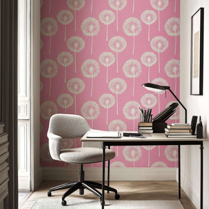 Pink Puff Paradise wallpaper with white dandelions, perfect for children’s rooms, nurseries, or playrooms. Whimsical and airy design.