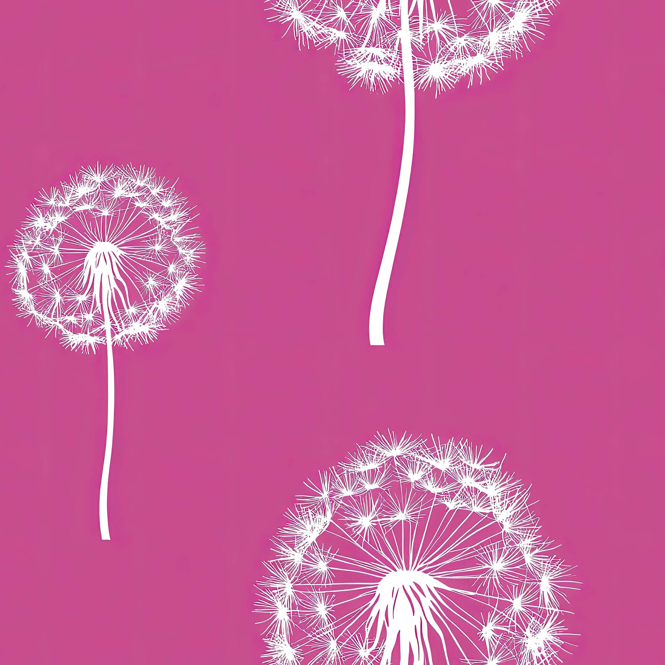 Pink Wishes wallpaper with white dandelions on magenta, perfect for nursery or playroom decor with a whimsical floral touch.