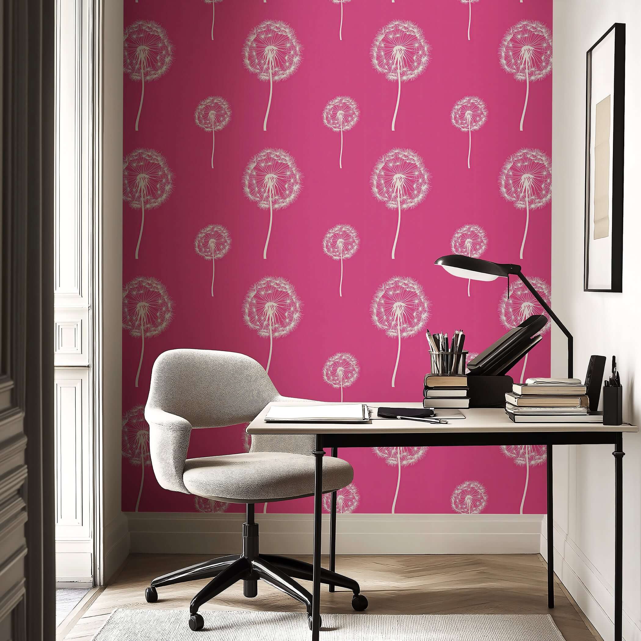 Pink Wishes wallpaper with dandelions on magenta, perfect for children's nursery or playroom decor by Wall Artifacts.