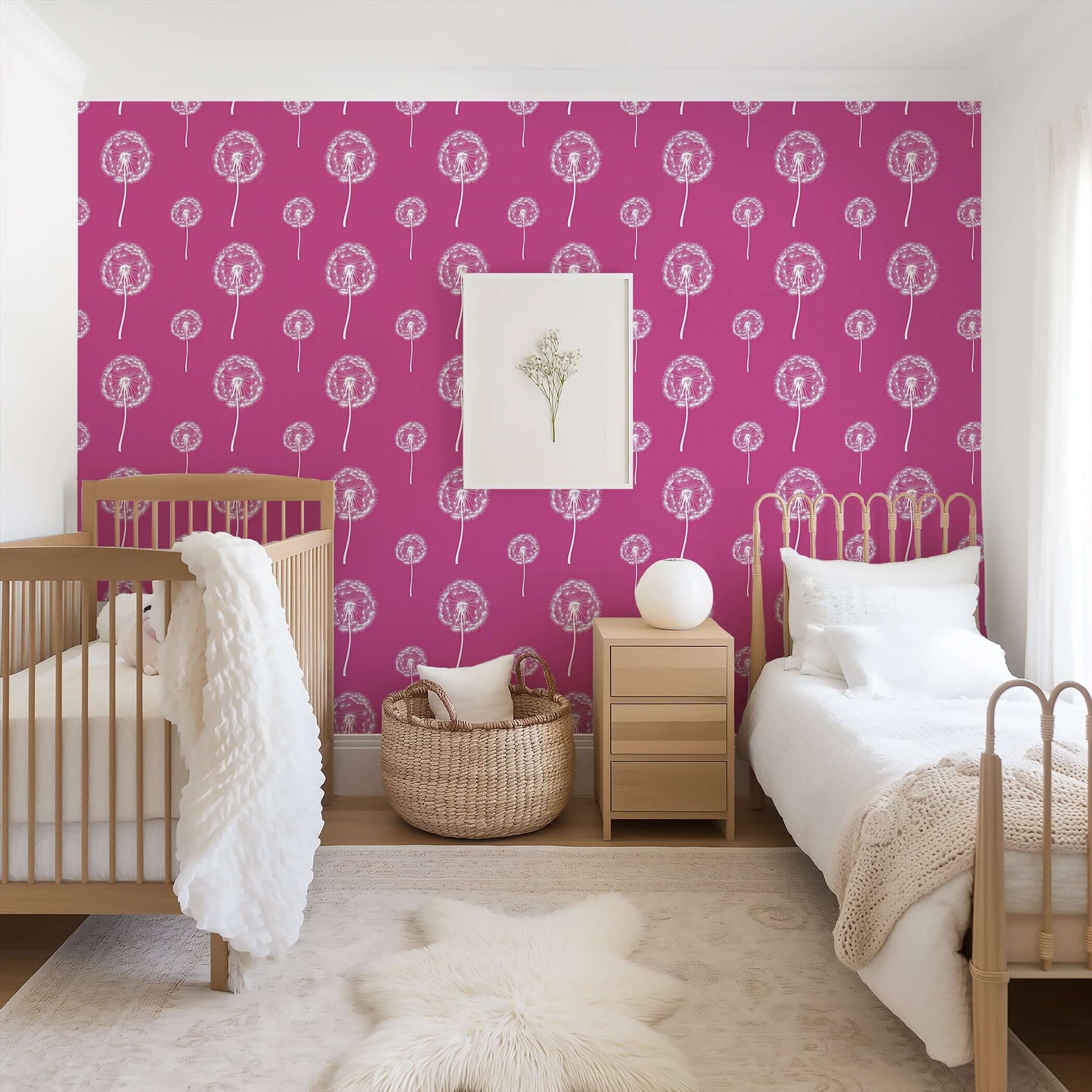 Pink Wishes wallpaper featuring white dandelions on magenta in a children's nursery; perfect for baby rooms and playrooms.