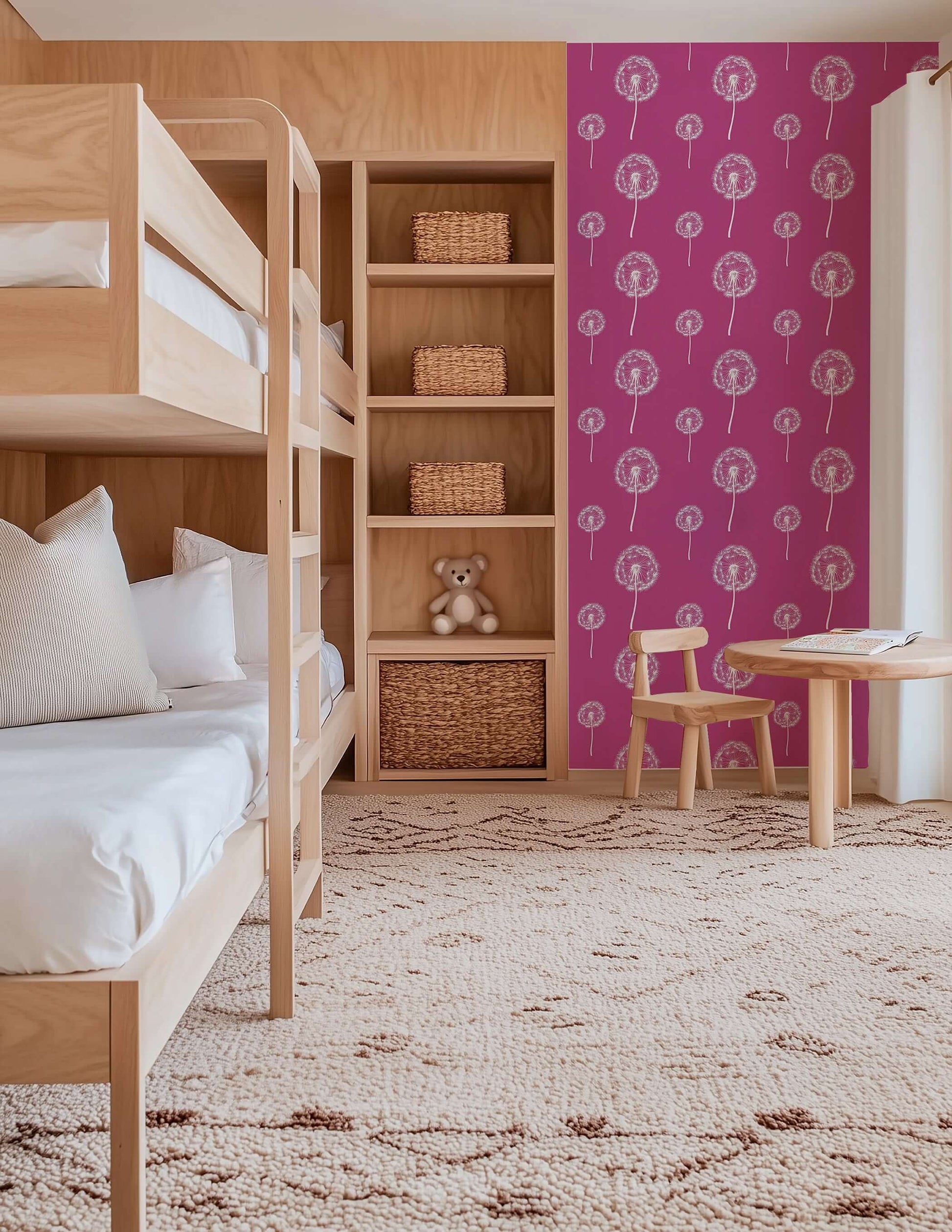 Children's room with Pink Wishes dandelion wallpaper, bunk beds, and play area.