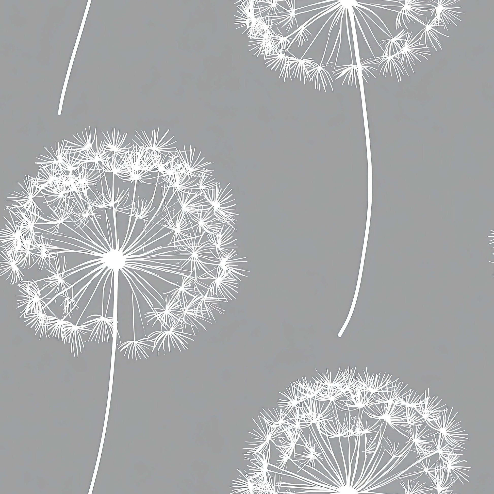 Dreamy Dandelion Wallpaper with white dandelions on charcoal gray, perfect for a baby's nursery or children's playroom.