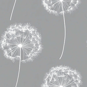 Dreamy Dandelion Wallpaper with white dandelions on charcoal gray, perfect for a baby's nursery or children's playroom.