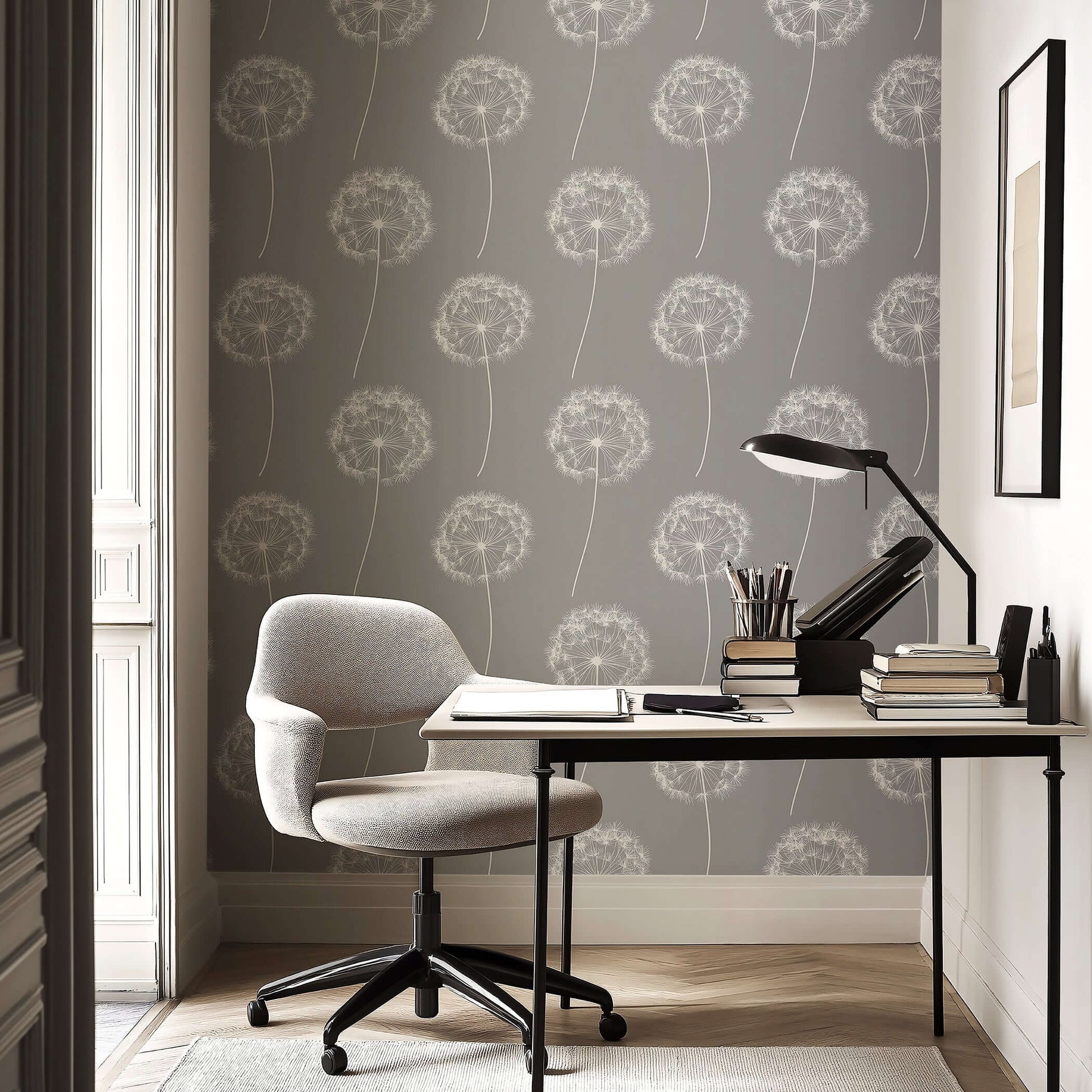 Dreamy Dandelion wallpaper with white dandelions on charcoal gray, perfect for kids, baby nursery, or playroom decor by Wall Artifacts.