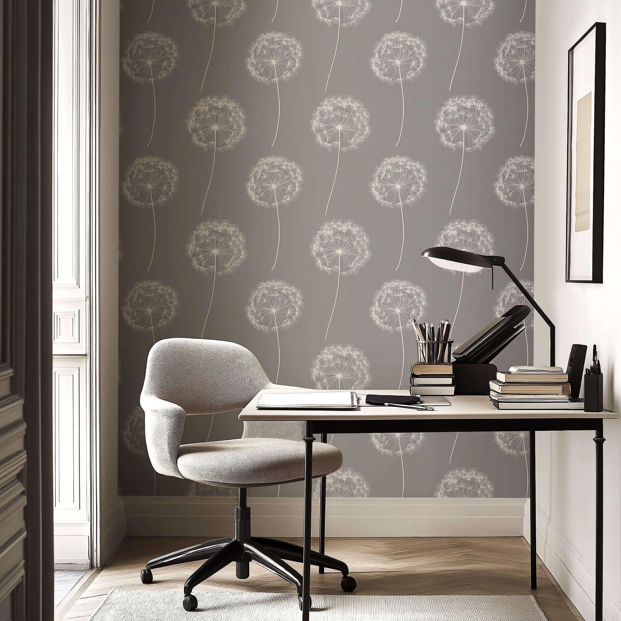 Dreamy Dandelion wallpaper with white dandelions on charcoal gray, perfect for kids, baby nursery, or playroom decor by Wall Artifacts.
