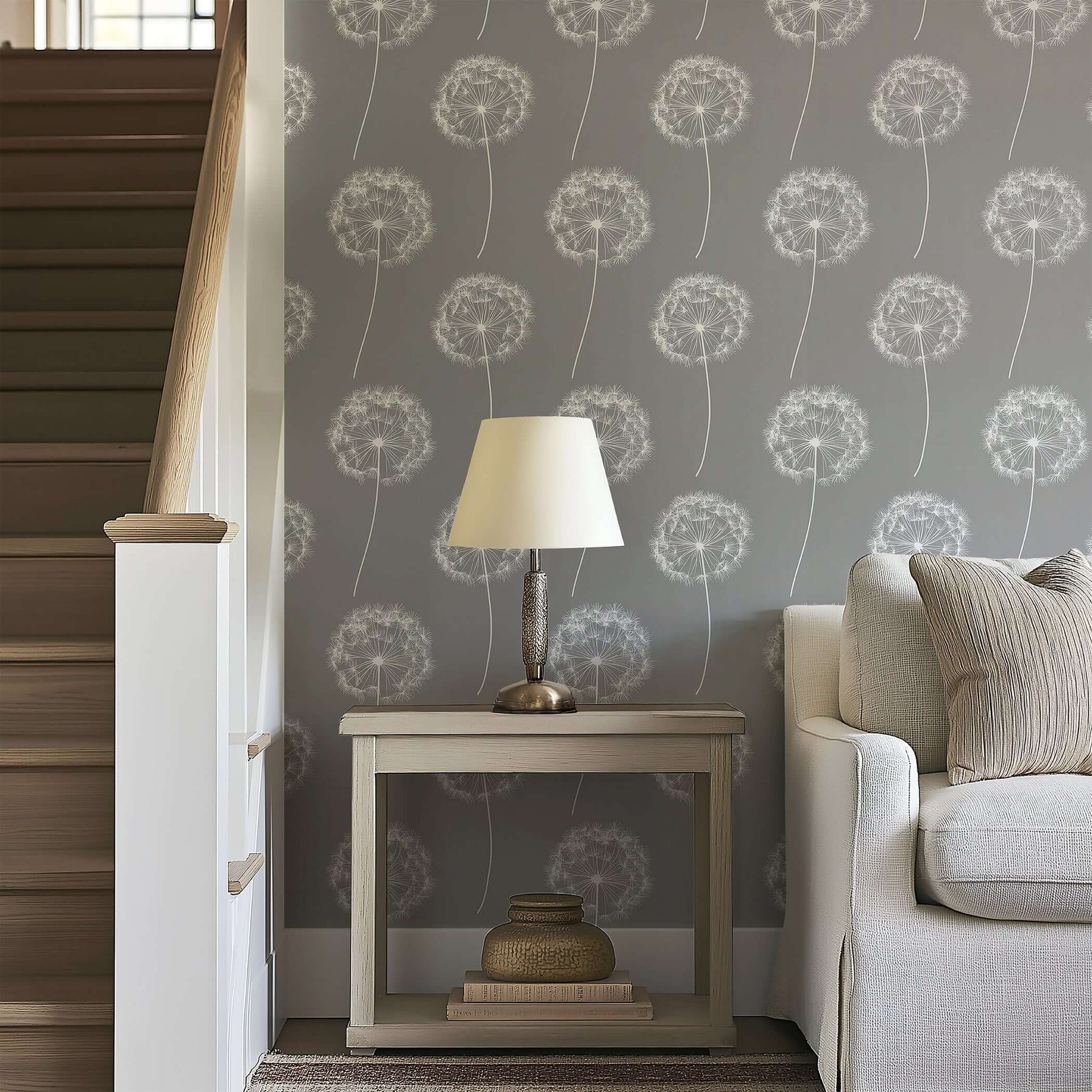 Dreamy Dandelion wallpaper in soft charcoal, perfect for children's nursery or playroom, featuring delicate white dandelions.
