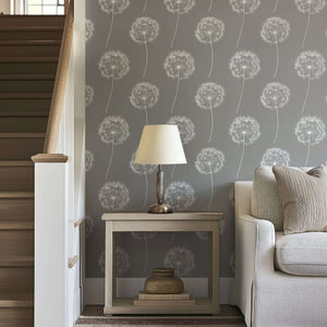 Dreamy Dandelion wallpaper in soft charcoal, perfect for children's nursery or playroom, featuring delicate white dandelions.