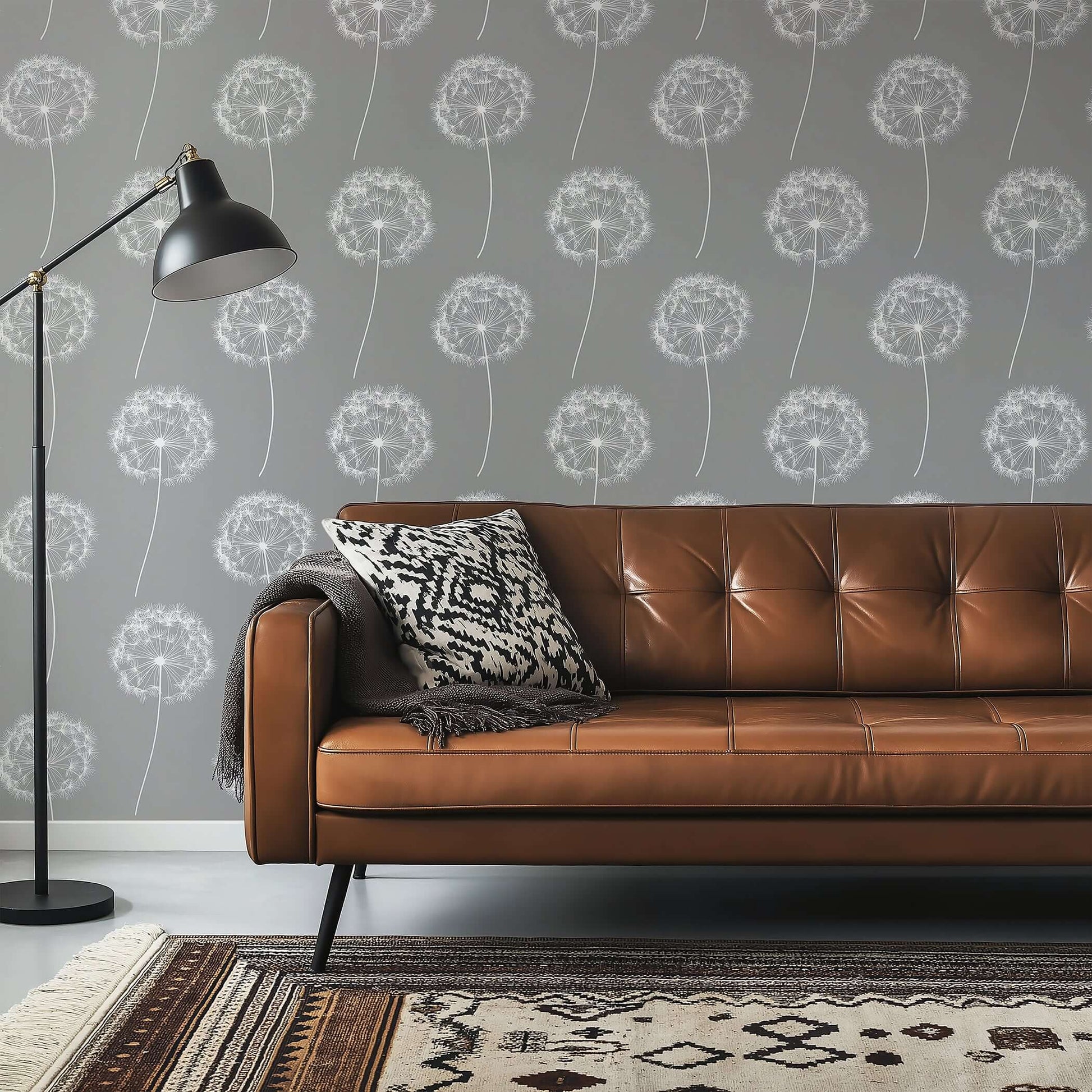 Dreamy Dandelion wallpaper on charcoal backdrop, perfect for nurseries and playrooms, with a touch of whimsy and elegance.