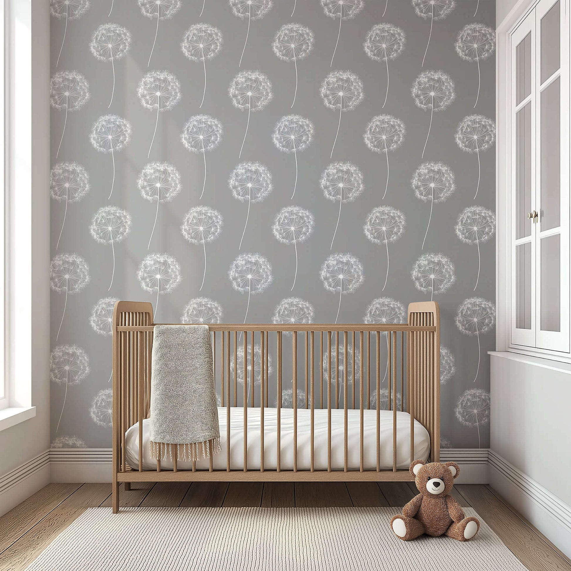 Dreamy Dandelion wallpaper in a nursery with a wooden crib and teddy bear, ideal for calming children's rooms or baby play areas.