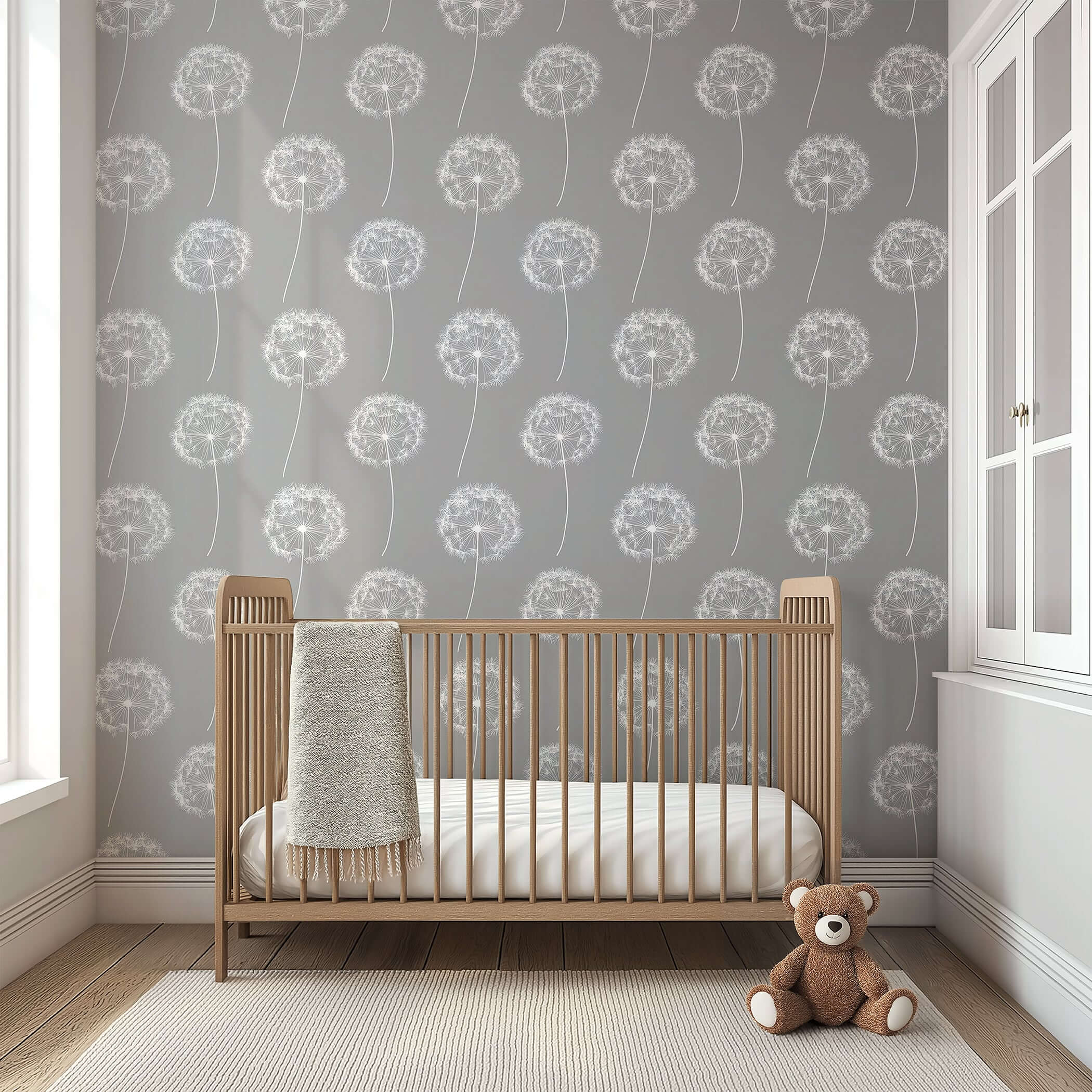 Dreamy Dandelion wallpaper in a nursery with a wooden crib and teddy bear, ideal for calming children's rooms or baby play areas.