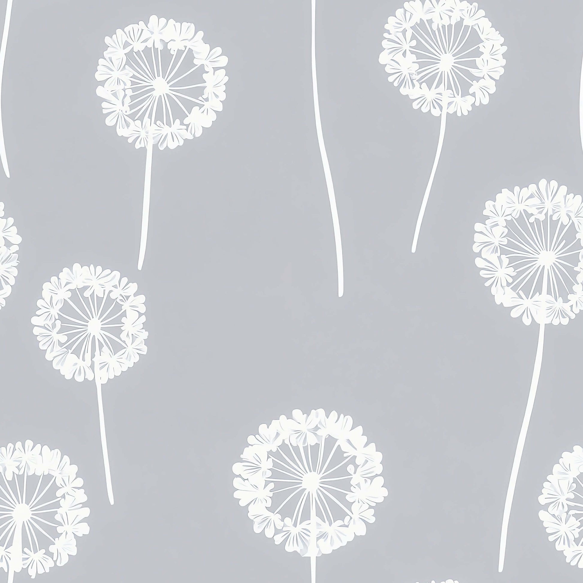 Playful dandelion wallpaper in white on gray, ideal for children's nursery or playroom decor.