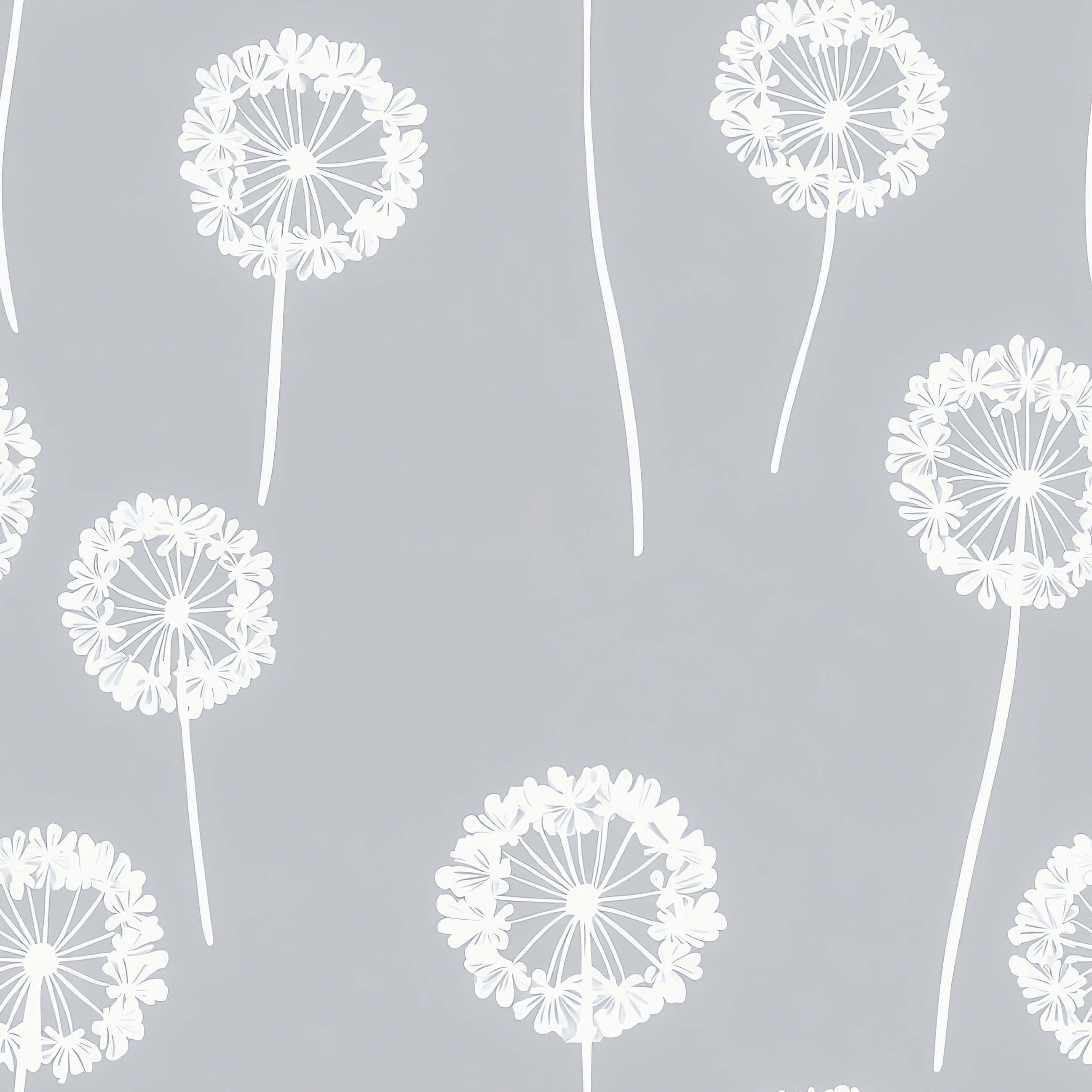 Playful dandelion wallpaper in white on gray, ideal for children's nursery or playroom decor.