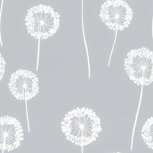 Playful dandelion wallpaper in white on gray, ideal for children's nursery or playroom decor.