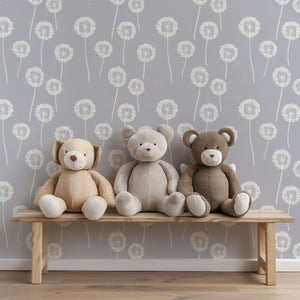 Three teddy bears sit on a bench against dandelion whimsy wallpaper, perfect for children's nursery or playroom decor.