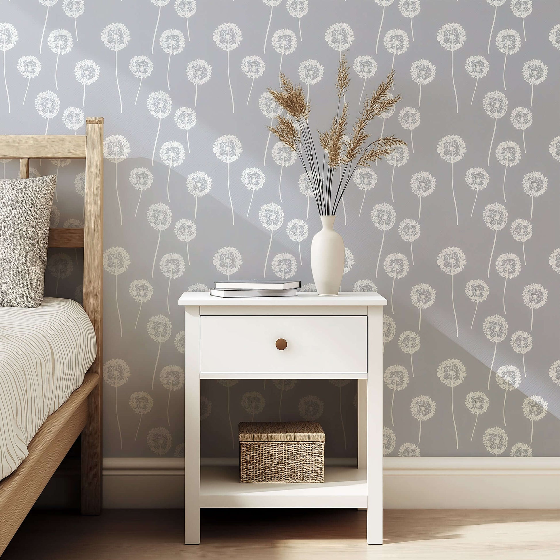 Gray wallpaper with white dandelions, ideal for children's nursery or playroom, adding a whimsical floral design touch.